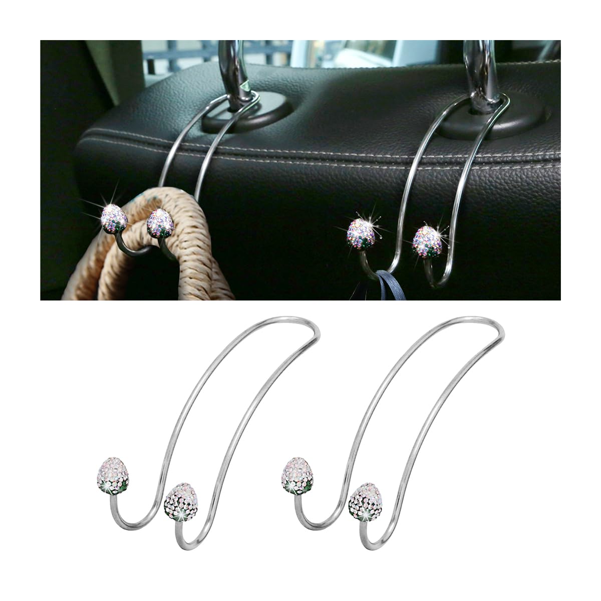 BESULEN Strawberry Car Decor Hooks, 2 Pack Bling Diamond Seat Back Organizers, Auto Headrest Storage Hangers Hooks for Purse Handbag Clothes Grocery,