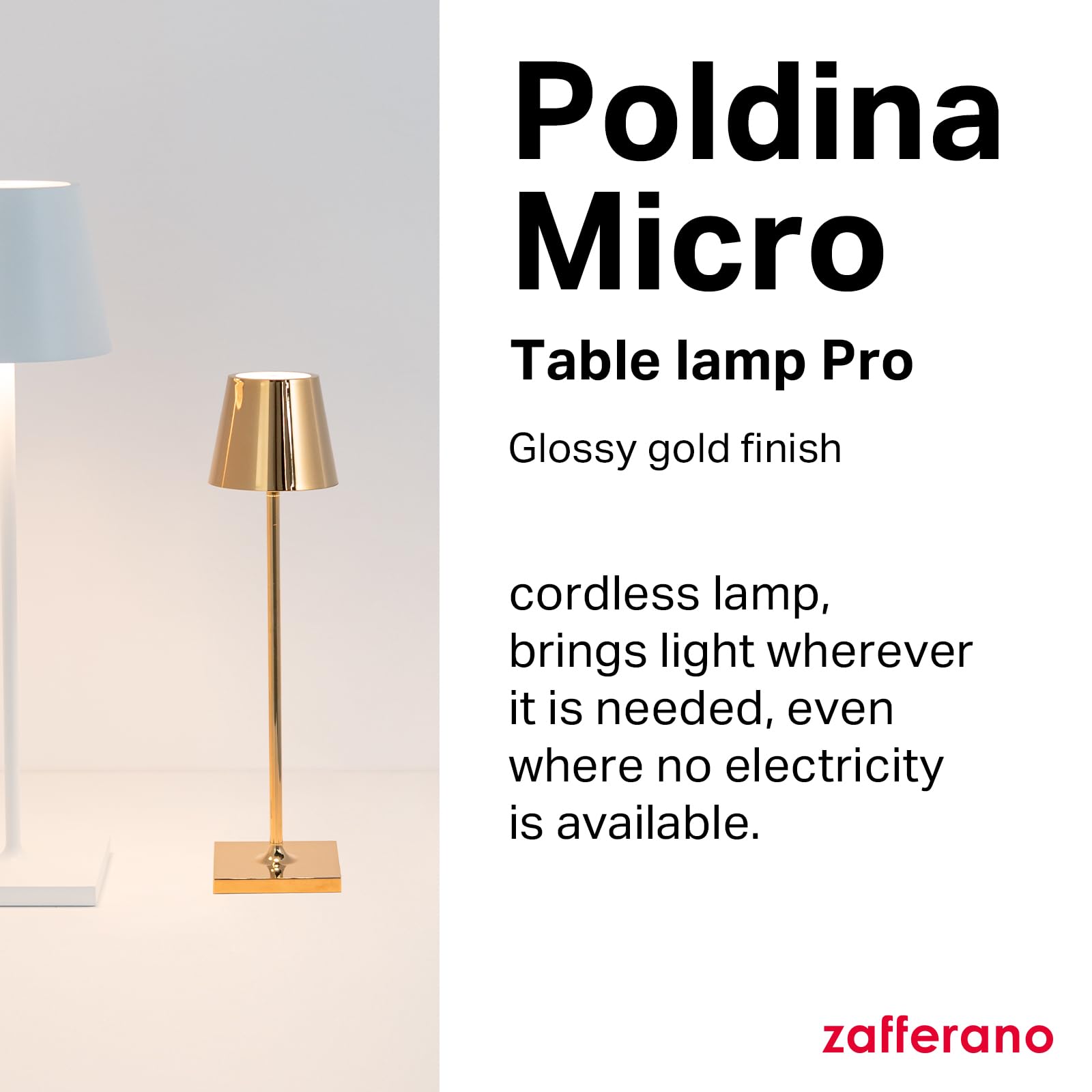 Zafferano, Poldina Micro Lamp with Glossy Gold Finish, Rechargeable Cordless Table Lamp with Touch Controls - Image 2
