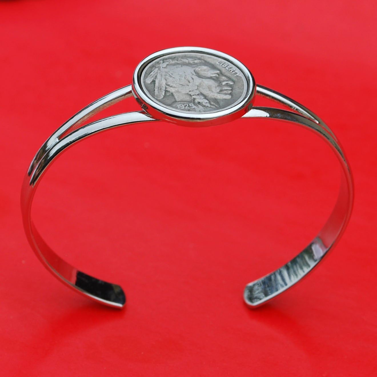 US 1930 Indian Head Buffalo Nickel 5 Cent Coin Silver Plated Cuff Bangle Bracelet NEW