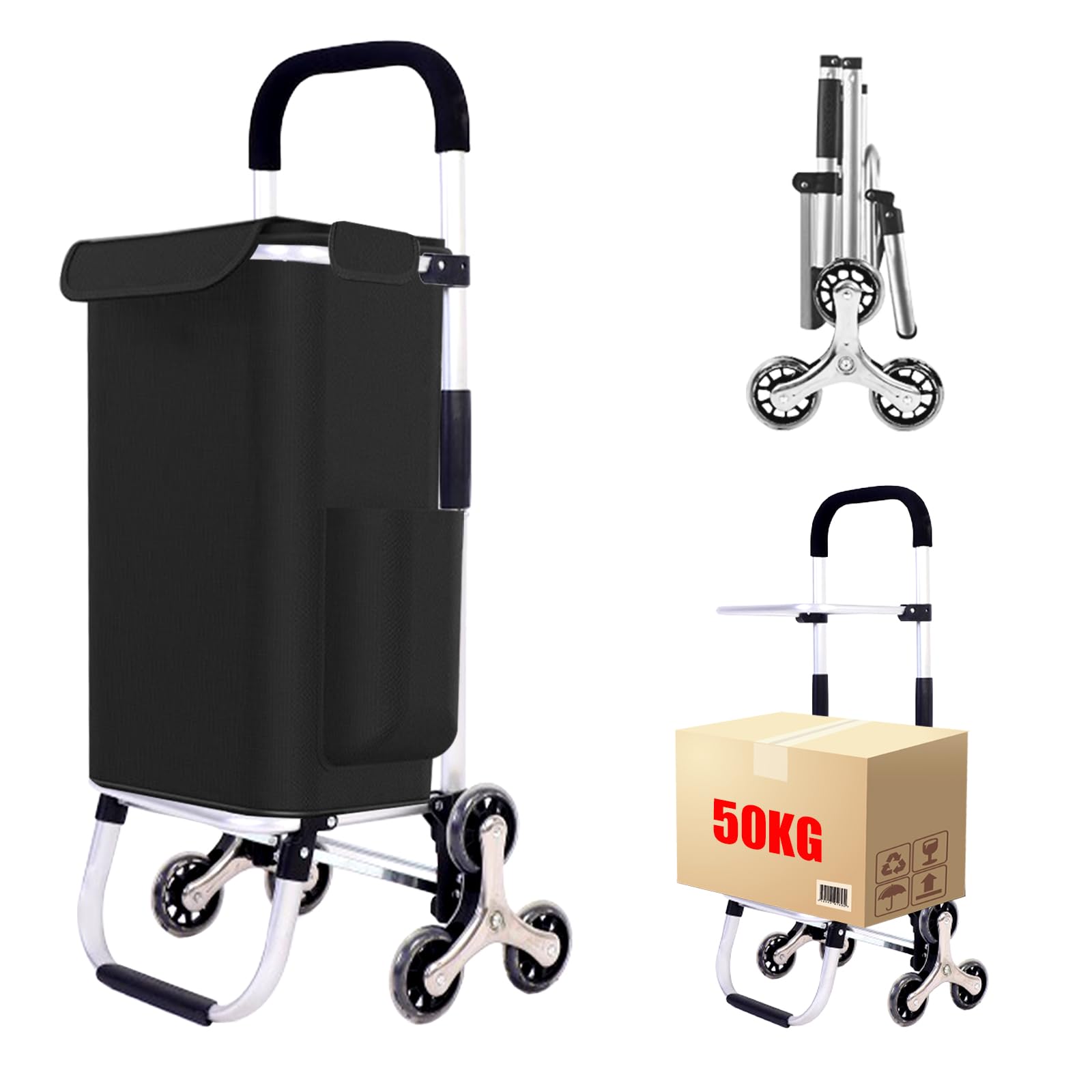 Einkaufstrolley Klappbar, 2 in1 Trolley zum Einkaufen, bis 50 kg, 56 l Kiste | Einkaufstasche mit 6 Rollen | Klappbarer Shopper | Klappbar Tasche abnehmbar | Einkaufsroller, Handwagen | Schwarz