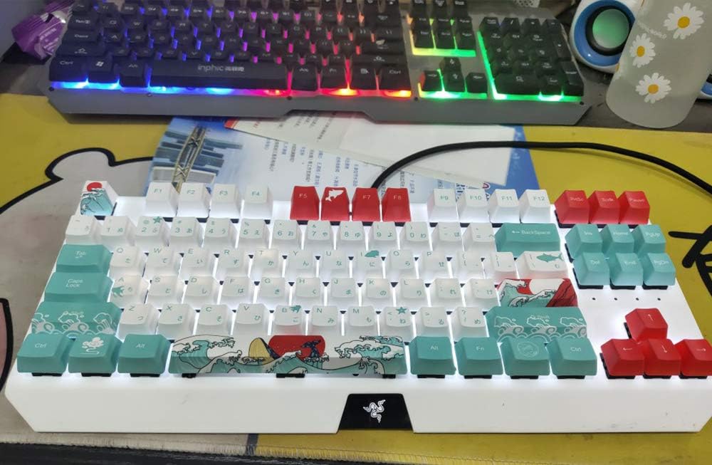 Japanese Style Coral Sea Design Blue White Red Keycaps for Cherry MX Switch Mechanical Keyboard Japanese Language OEM PBT Keycap