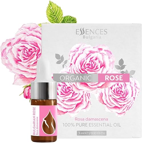 Essences Bulgaria Aceite esencial de rosa orgánica, 0,1 onzas líquidas, 0.1 fl oz, rosa damascena, 100% puro y natural, sin diluir, grado