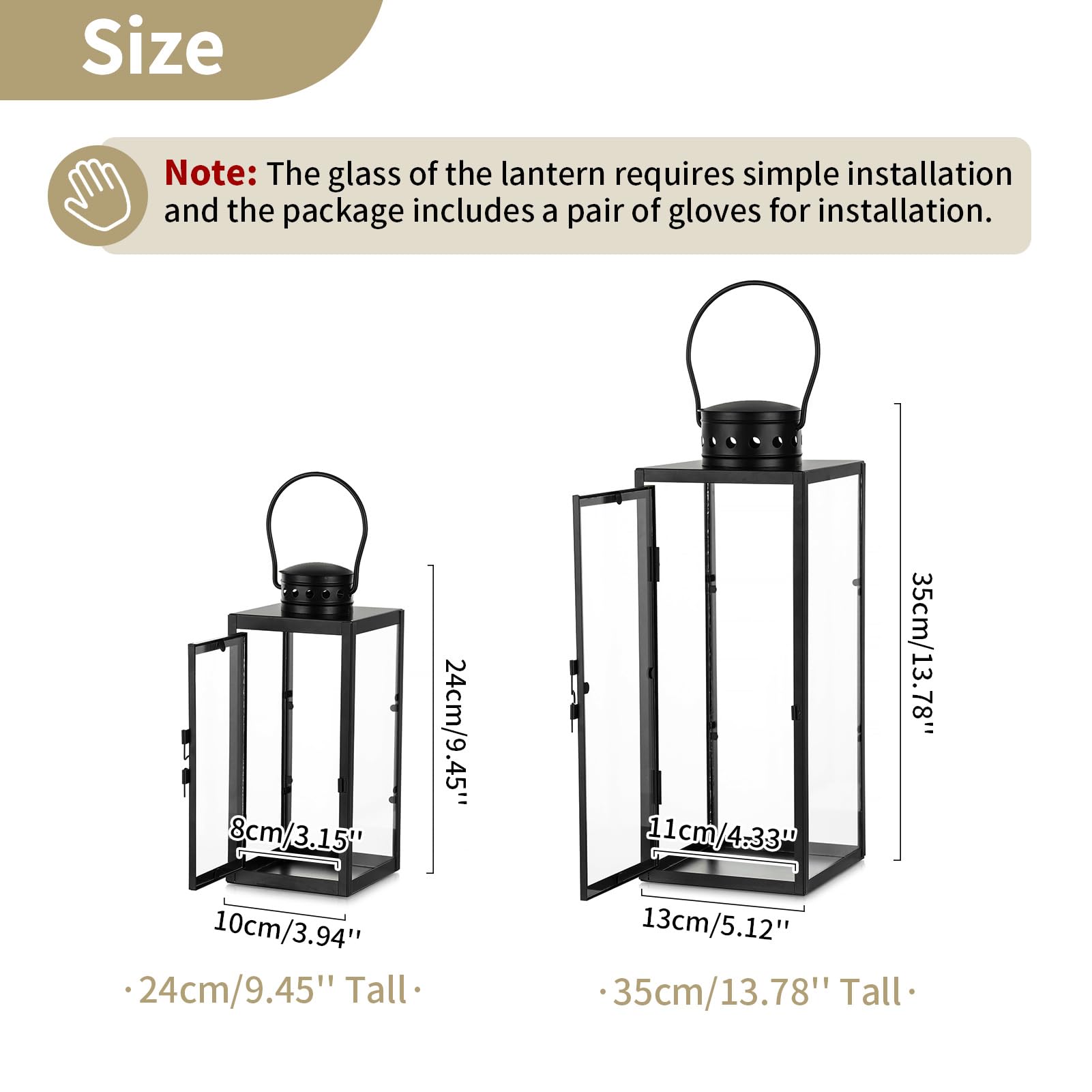 NUPTIO Lanterne Bougie Extérieur Noire 24cm 35cm Métal Lanternes Outdoor Funéraire Cimetière Résistant Aux Intempéries Jardin