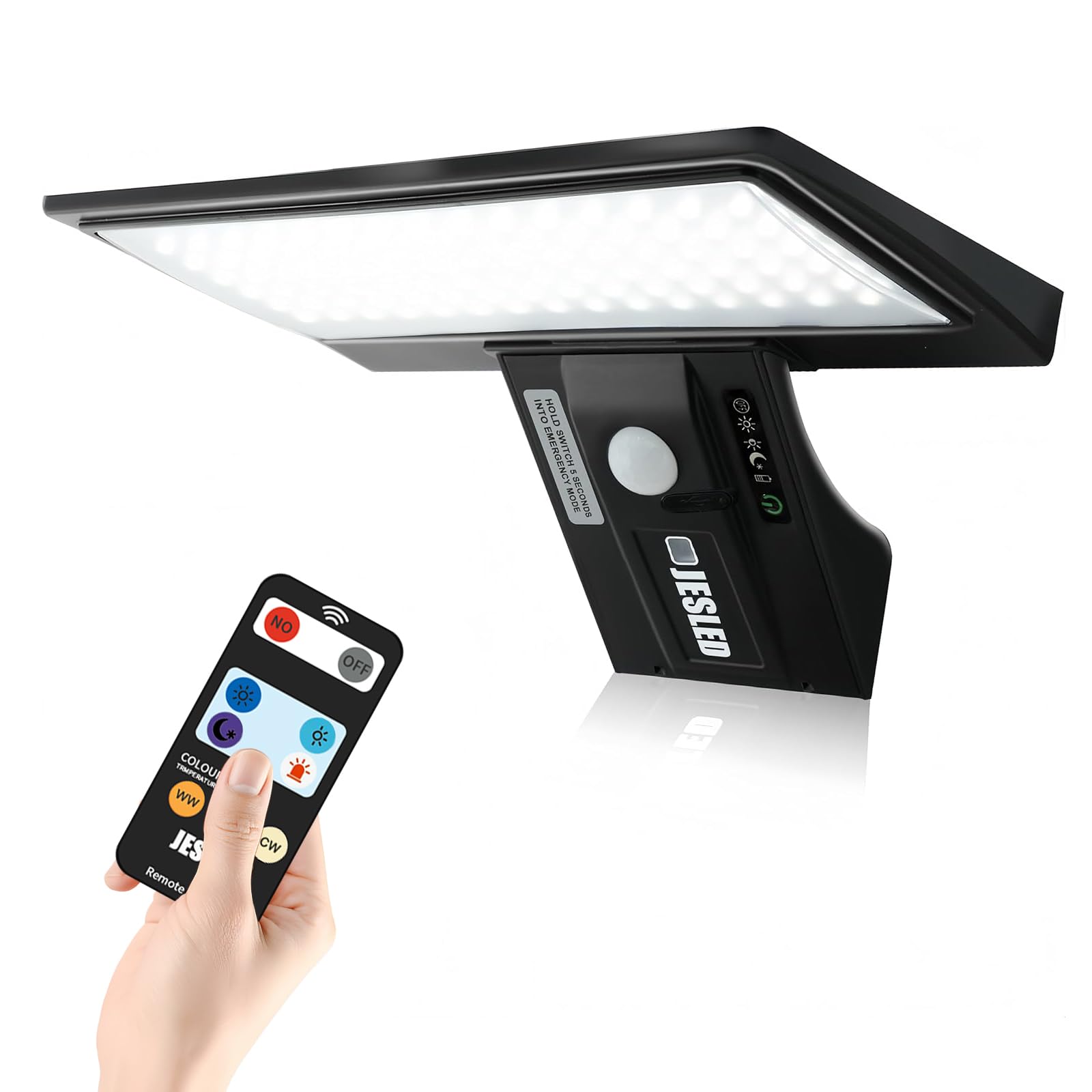 Solar Lights Outdoor, 90 LEDs Security Light with Motion Sensor, 3 Color Temperatures, USB Charging, 4 Modes, Remote Control for Yard Garden Garage