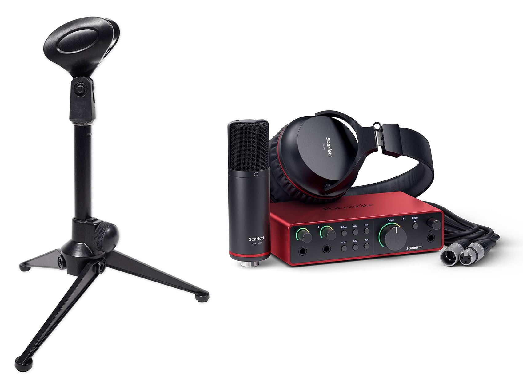 Audiosavings Bundle: Rockville RDTS Adjustable Height Studio Desktop Tripod Microphone Stand+Mic Clip Bundle with Focusrite Scarlett 2i2 Studio 4th Gen Recording Interface+Headphones+Mic (2 Items)