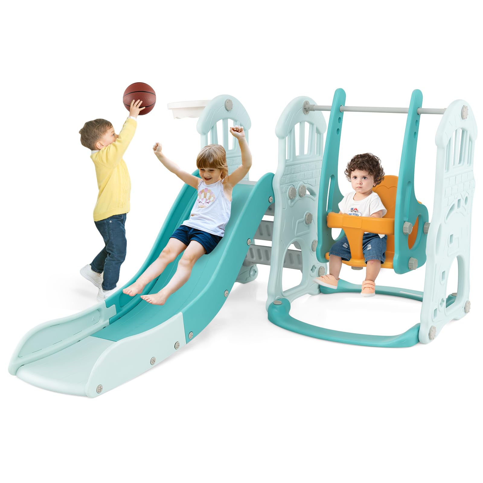 Maxmass Toddler Slide and Swing Set, Children Playground Playset with Basketball Hoop, Long Slide and Climb Ladder, Indoor Kids Play Area for Boys Girls (Green, 185x150x102cm)