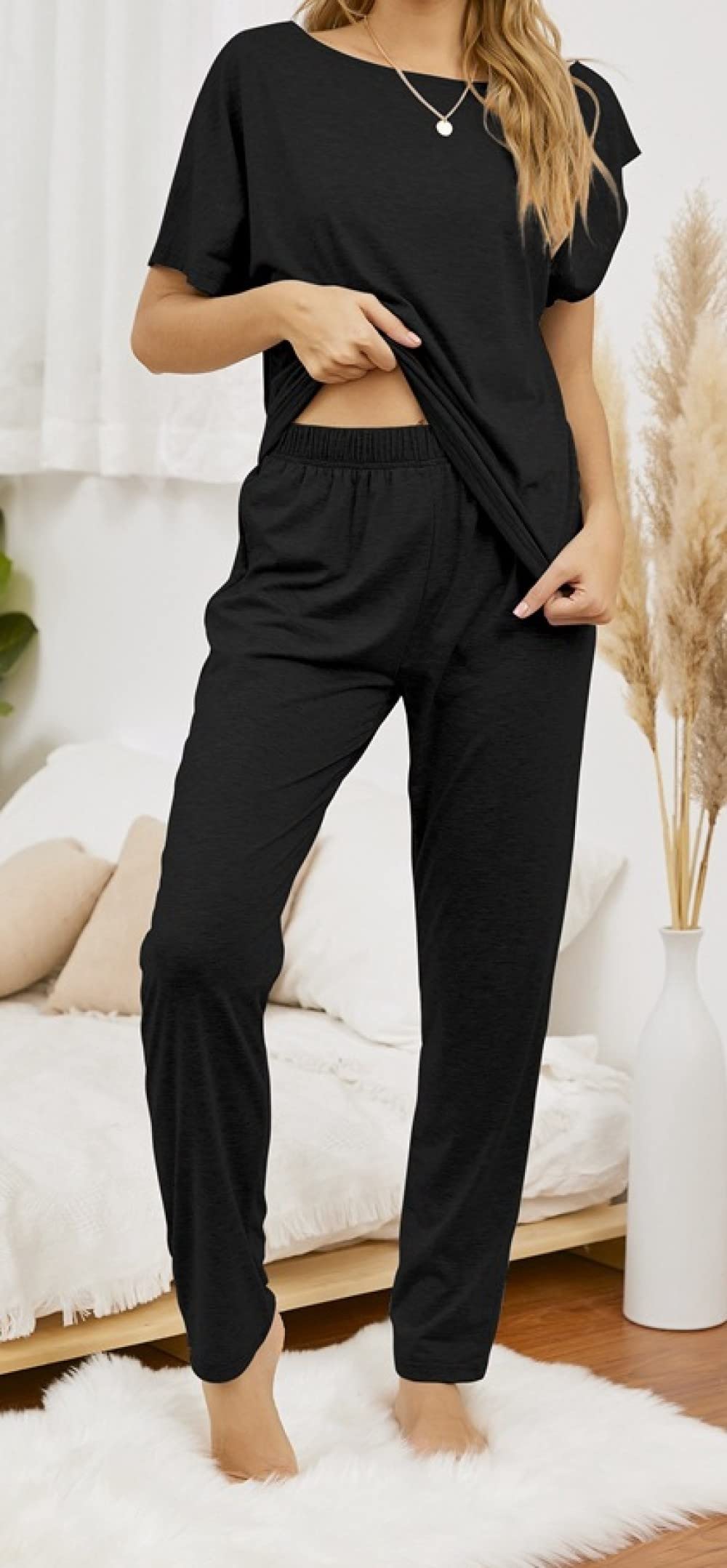 Pijama De Mujer Manga Corta,Pijama De Manga Corta para Mujer De Cuello Redondo Negro De Gran Tamaño Conjunto De 2 Piezas Pijama Suave Y Cómodo para Mujer Ropa De Salón Regalo del Día De La Madre