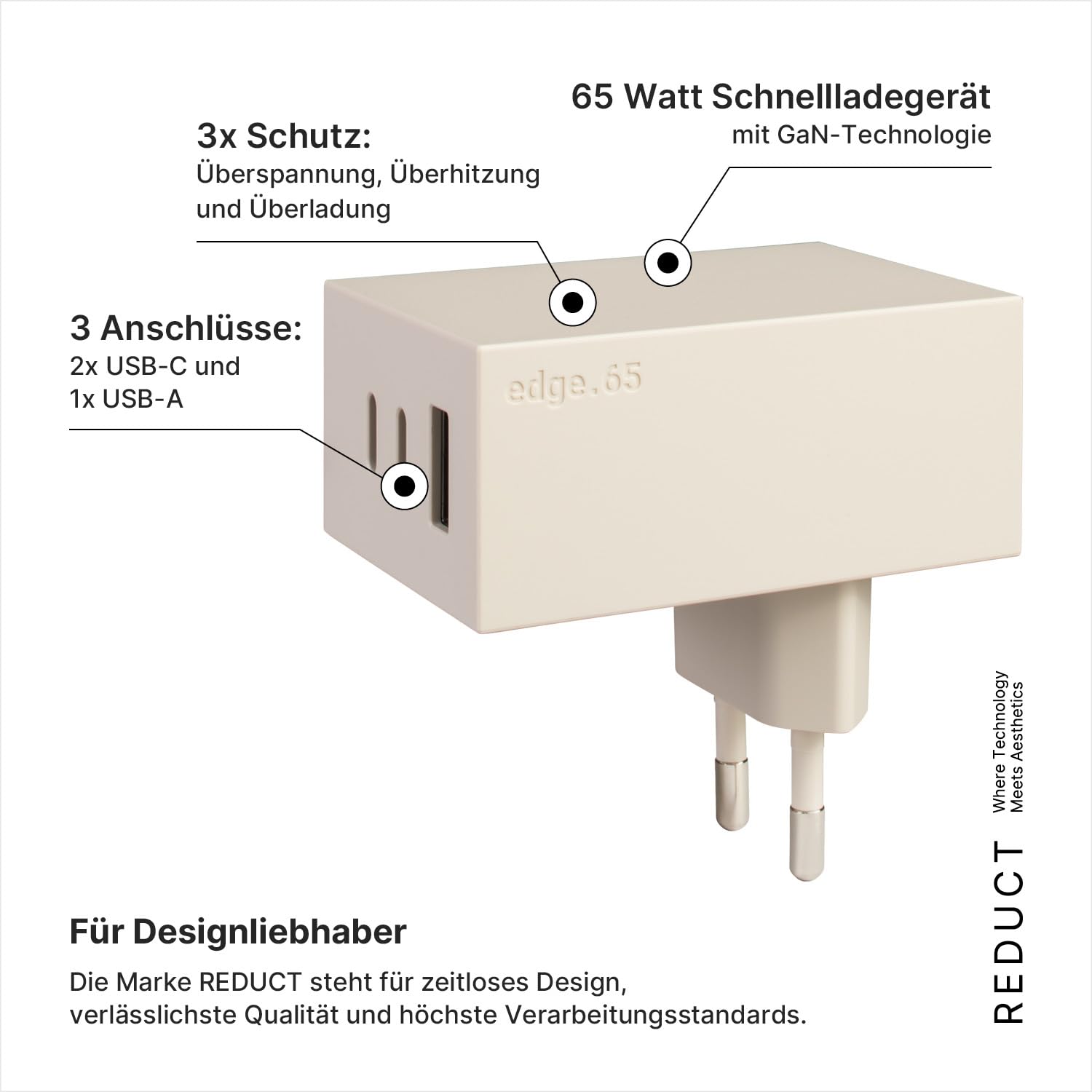 Reduct® Edge.65 USB-Ladegerät, 65W, Schnellladegerät, mehrfach USB-Anschlüsse (2xUSB-C + 1xUSB-A), Zertifiziert und gefertigt nach höchsten Standards