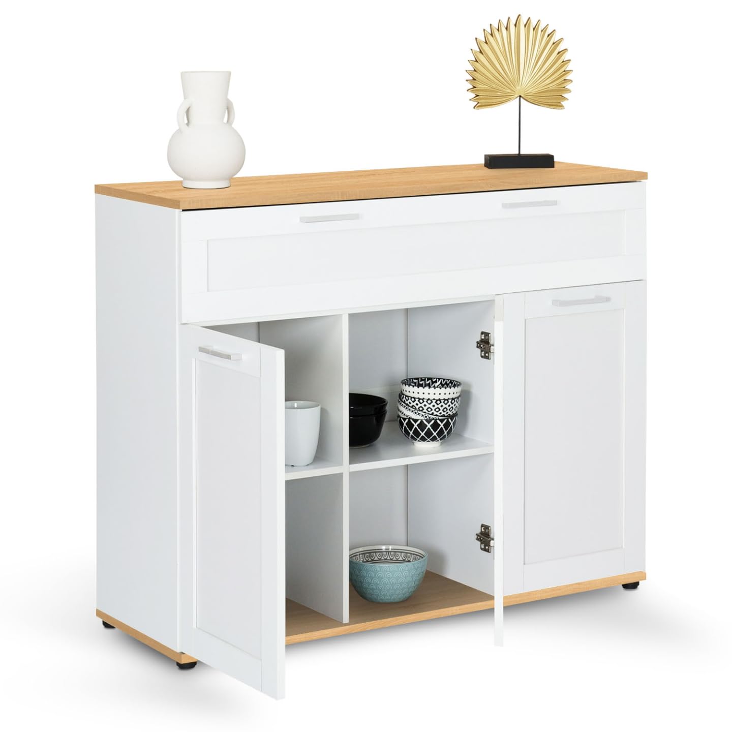 IDMarket - Buffet 100 cm VITO 3 Portes et 1 tiroir Blanc et Plateau Bois