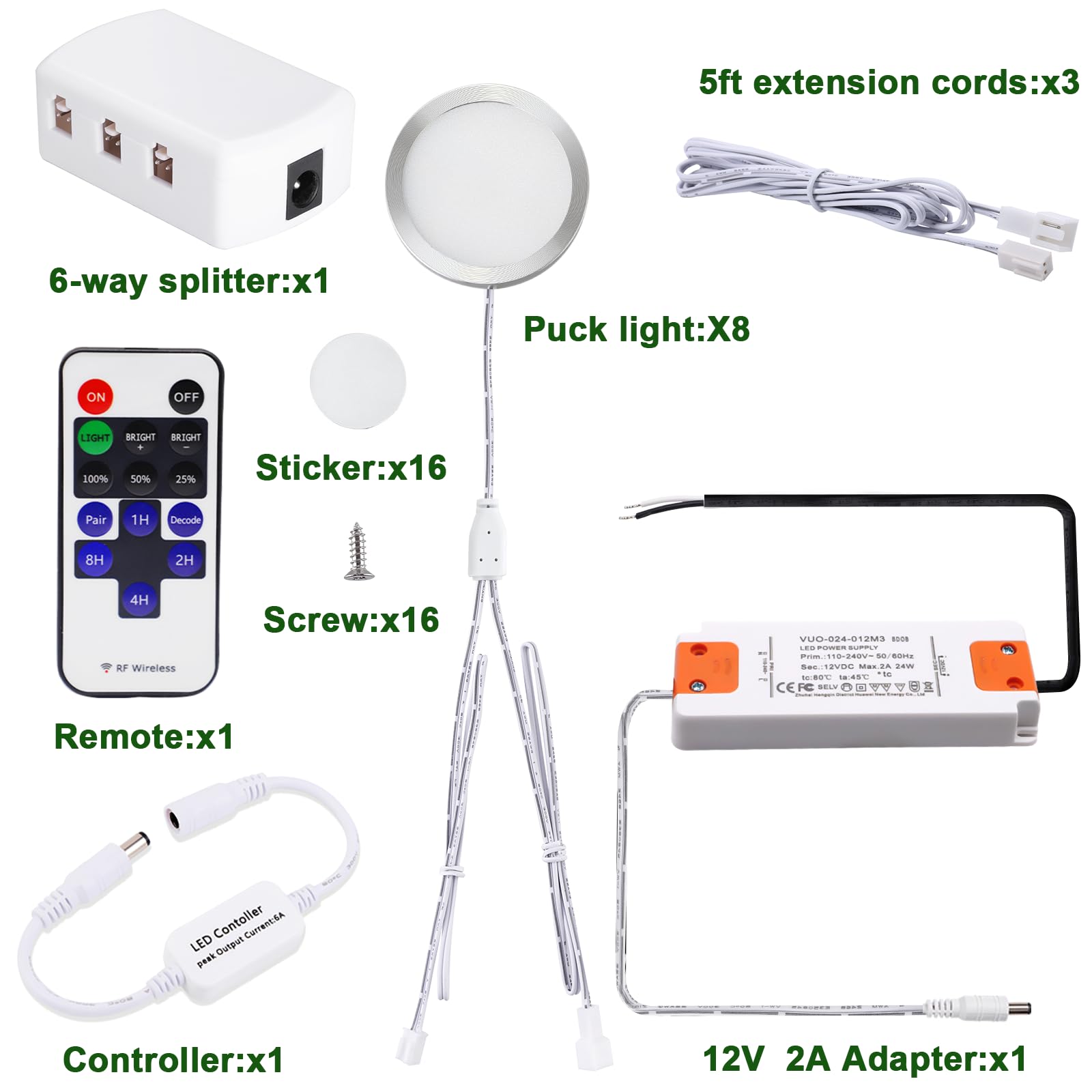 AIBOO Linkable Under Cabinet LED Lighting 12V Dimmable Puck Lights Hardwired with Wireless RF Remote Control for Kitchen Mood Lighting(8 Lights, Daylight White, NO Wall Plug)