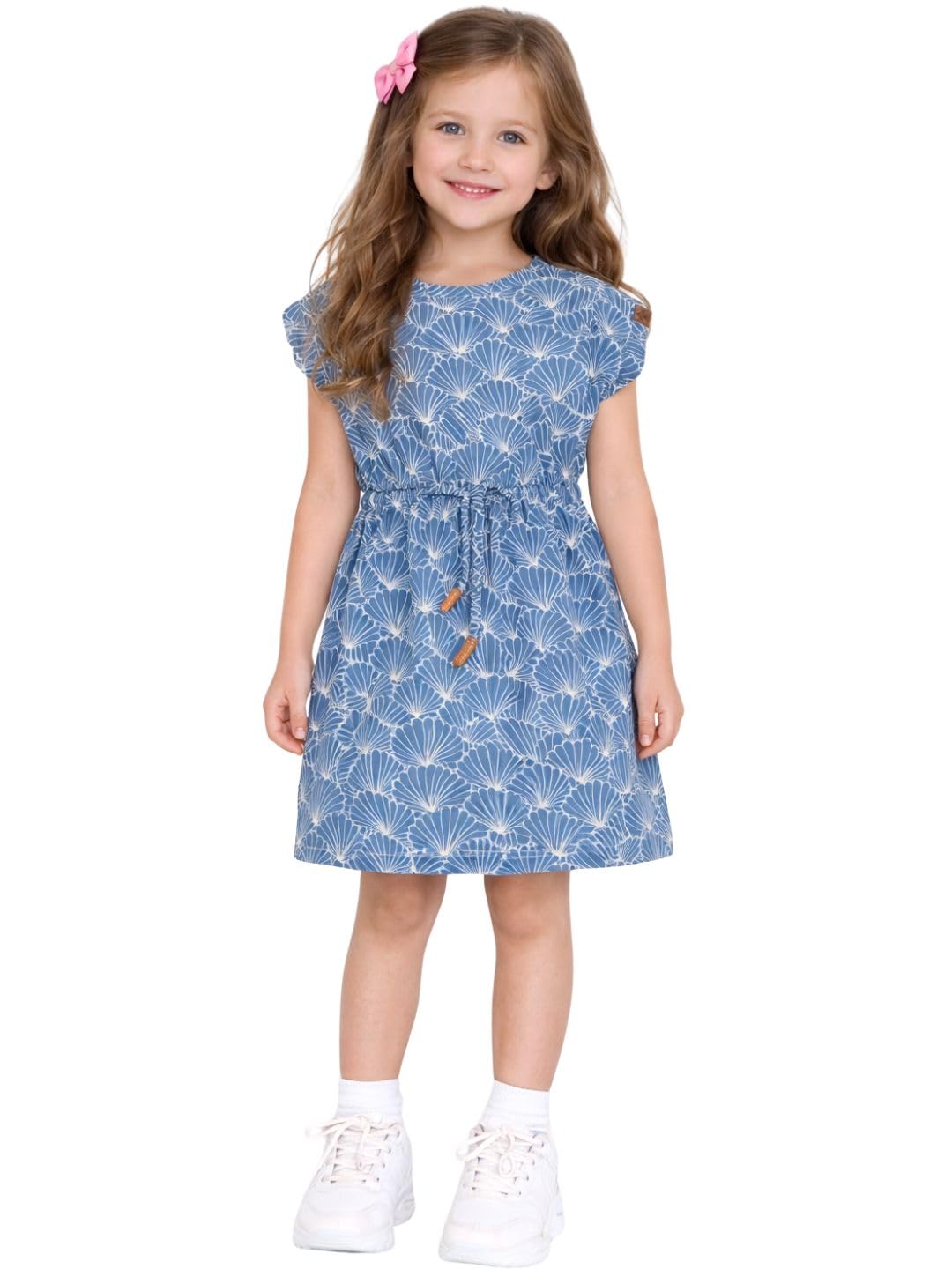 TotzTouch Girls Stylish Printed Dress with Drawstring Waist | Kimono Sleeve Knee Length Cotton Dress for Daily