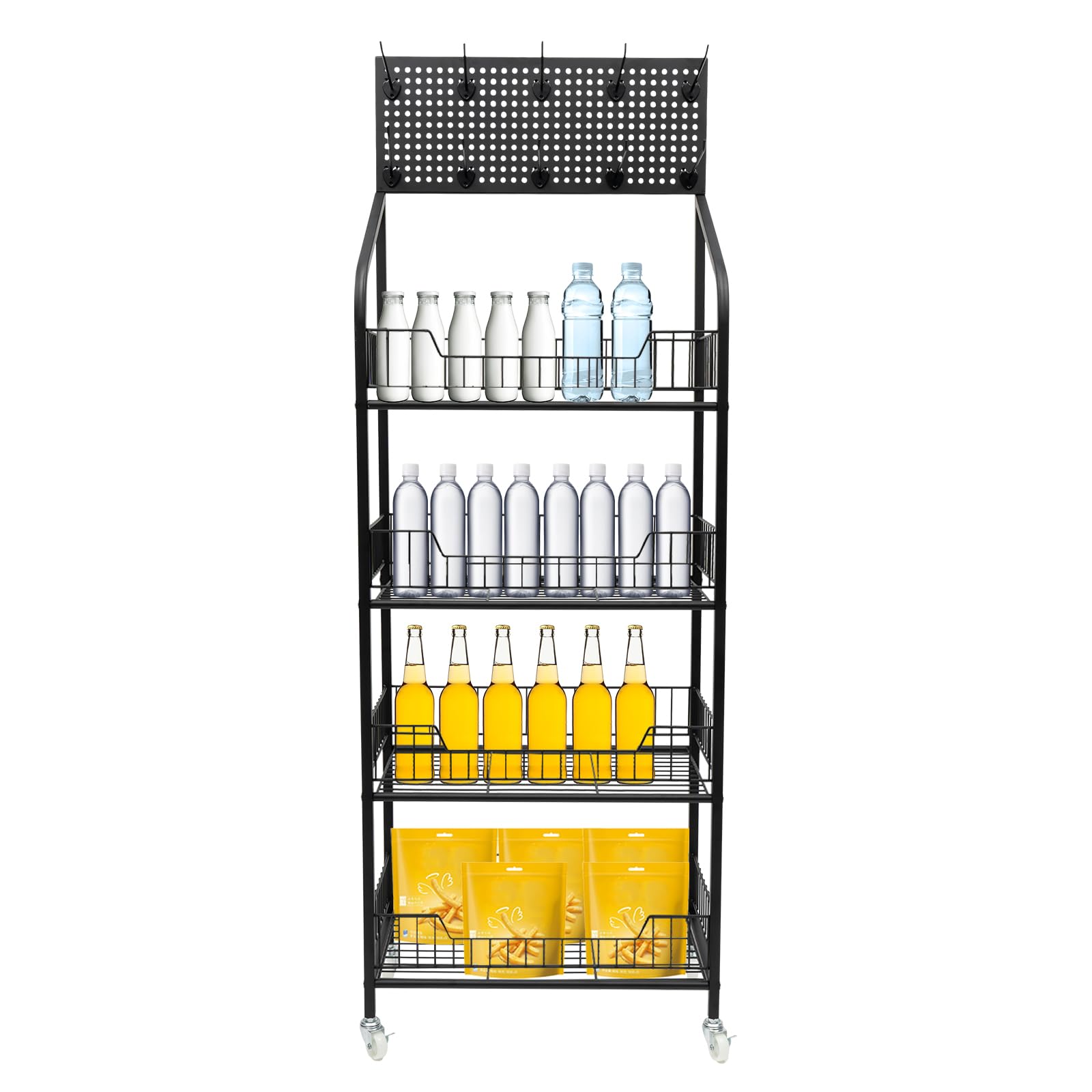 4-Tier Mobile Retail Display Rack,Retail Candy Snack Display Rack, with Wheels & Hooks Multifunctional,Heavy-Duty Metal Frame,Be Used Home,Theater,Concession Stand,Snack Shelf,Pantry,Kitchen
