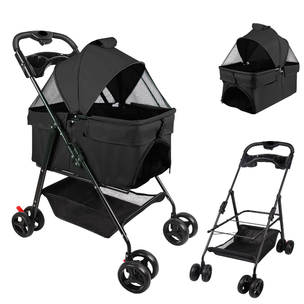 Belfoyer Detachable Pet Stroller, 2-in-1 Foldable Dog Pram with Cup Holder & Storage & Breathable for Small Cats & Dogs, One-Click Folding Travel Pushchair for Park & Car, Black, 95x72x50cm