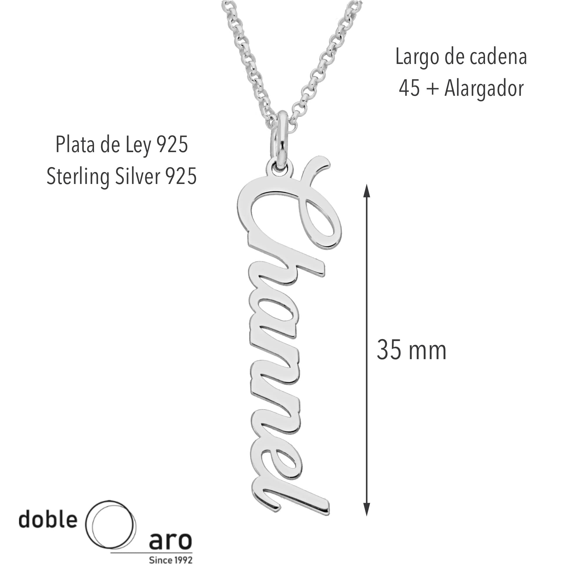 Colgante Personalizado con Nombre - Plata de Ley 925/1000 para Mujer – Collar Artesanal con Cadena Ajustable - Hecho en España (Modelo Vertical, Plata de Ley)