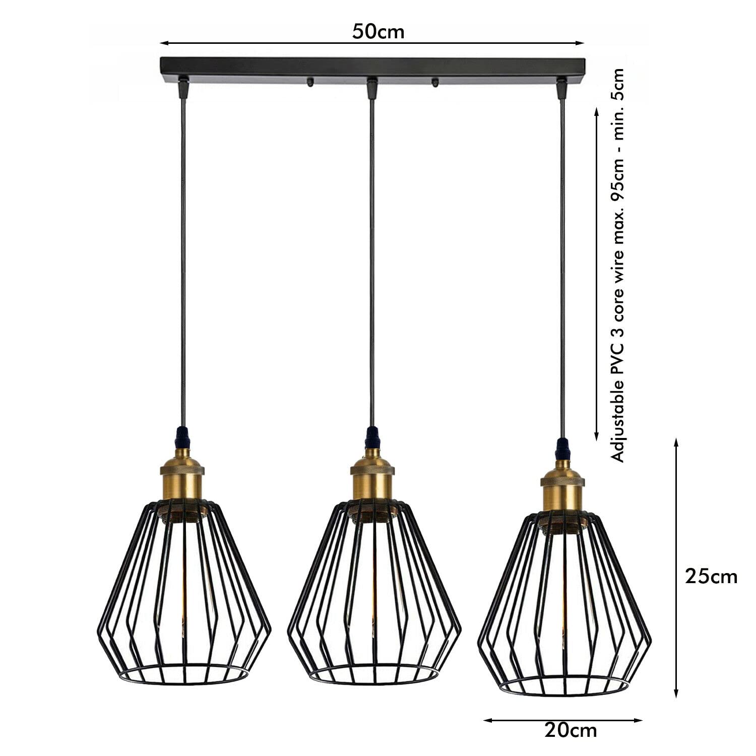 LEDSone Vintage Retro 3-Wege-Deckenleuchte, Cluster-Lampenschirm, Schwarz, Halbdiamant-Form, Drahtkäfig-Lampenschirme, UK E27 Halterung Beleuchtungs-Kit