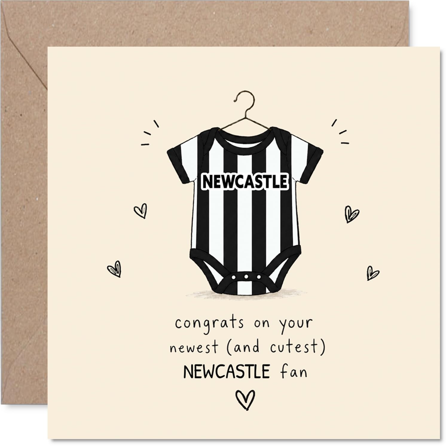 Cute New Baby Card for Newcastle Fans - Welcome to the Toon - Striped Baby Onesie and Hearts Design - Celebrate a Future Magpies Fan in Style - 145mm Square, Envelope Included