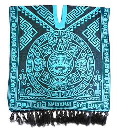 Del Mex Hand Woven Mexican Shawl Poncho Gaban Aztec Calendar (Turquoise)