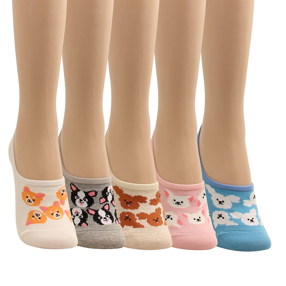 Women Animal Design No-Show Casual Liner Socks Character Print Non Slip Flat Boat Line 4 Pair