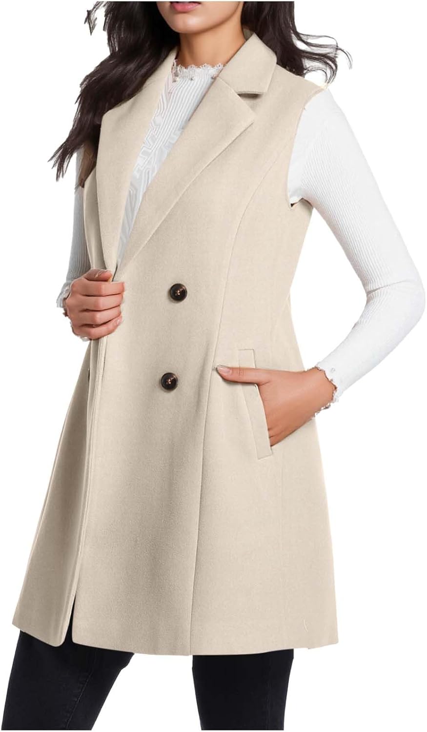 HGps8w Mid-Long Blazer Vest for Women Double Breasted Elegant Sleeveless Suit Jackets Woolen Waistcoat Cardigan Outerwear