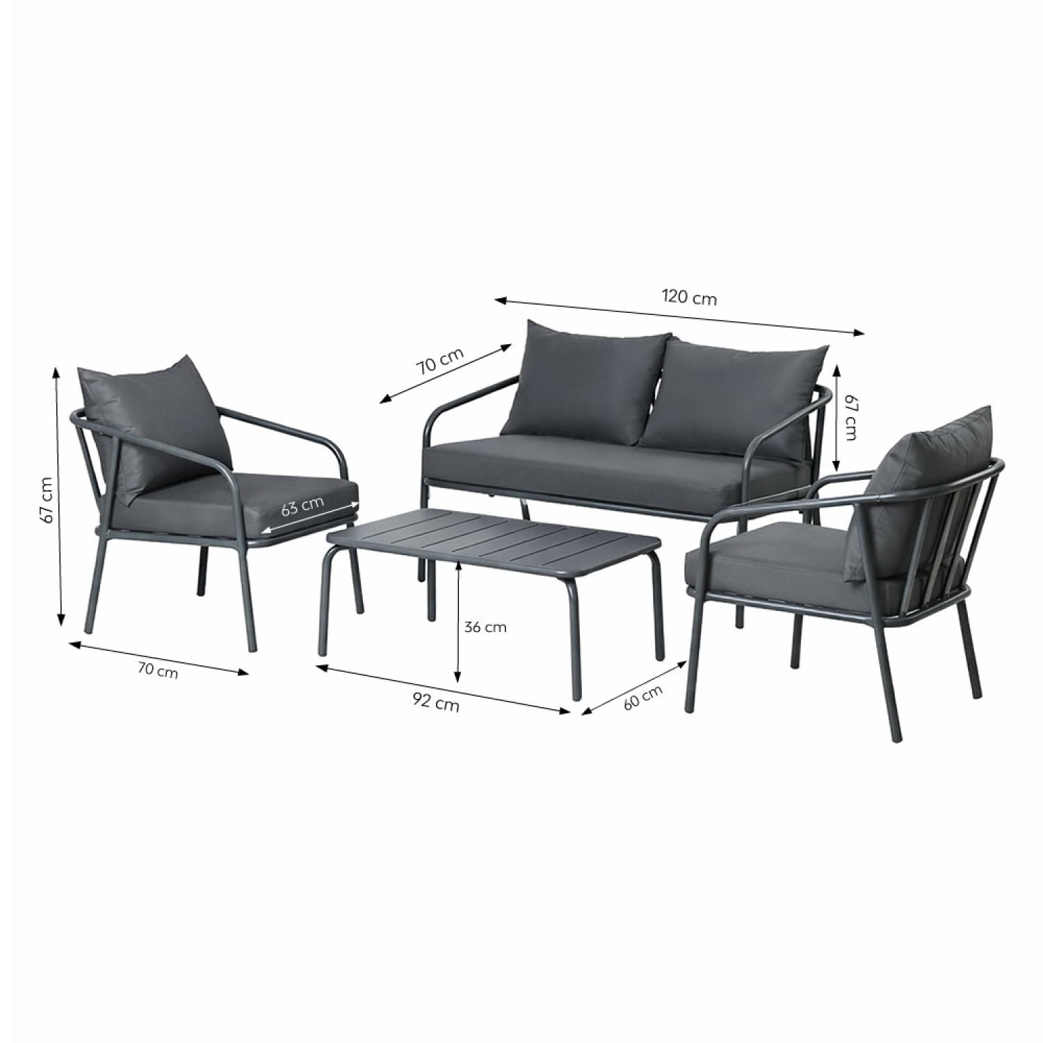 CONCEPTO Fábrica | Jardín BERGAME 4 plazas 120 cm Acero Gris | Gran Salón Exterior Amigable | Muebles Jardín Terraza Piscina | Resistencia Sol & Intemperies | Premium Design Amigable