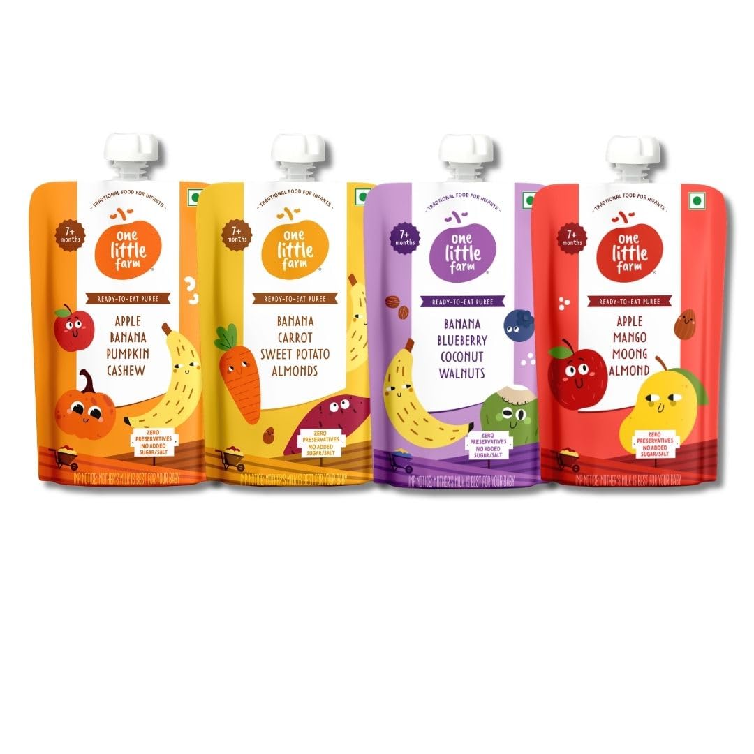 Baby Food Puree Pouch | 7+ Months | Veggie Lovers Combo Pack of 4 | 100% Natural, No Preservatives, No Sugar | with Protein & Healthy Fats | Ready-to-Eat | Pack of 4, 90g Each