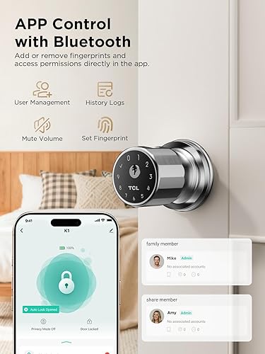 Miniatura 5 de TCL K1 Smart Knob, Fingerprint Door Knob with Lock, Keyless Entry Biometric Electronic knob, App Control & Code Keypad Door Lock for Bedroom,