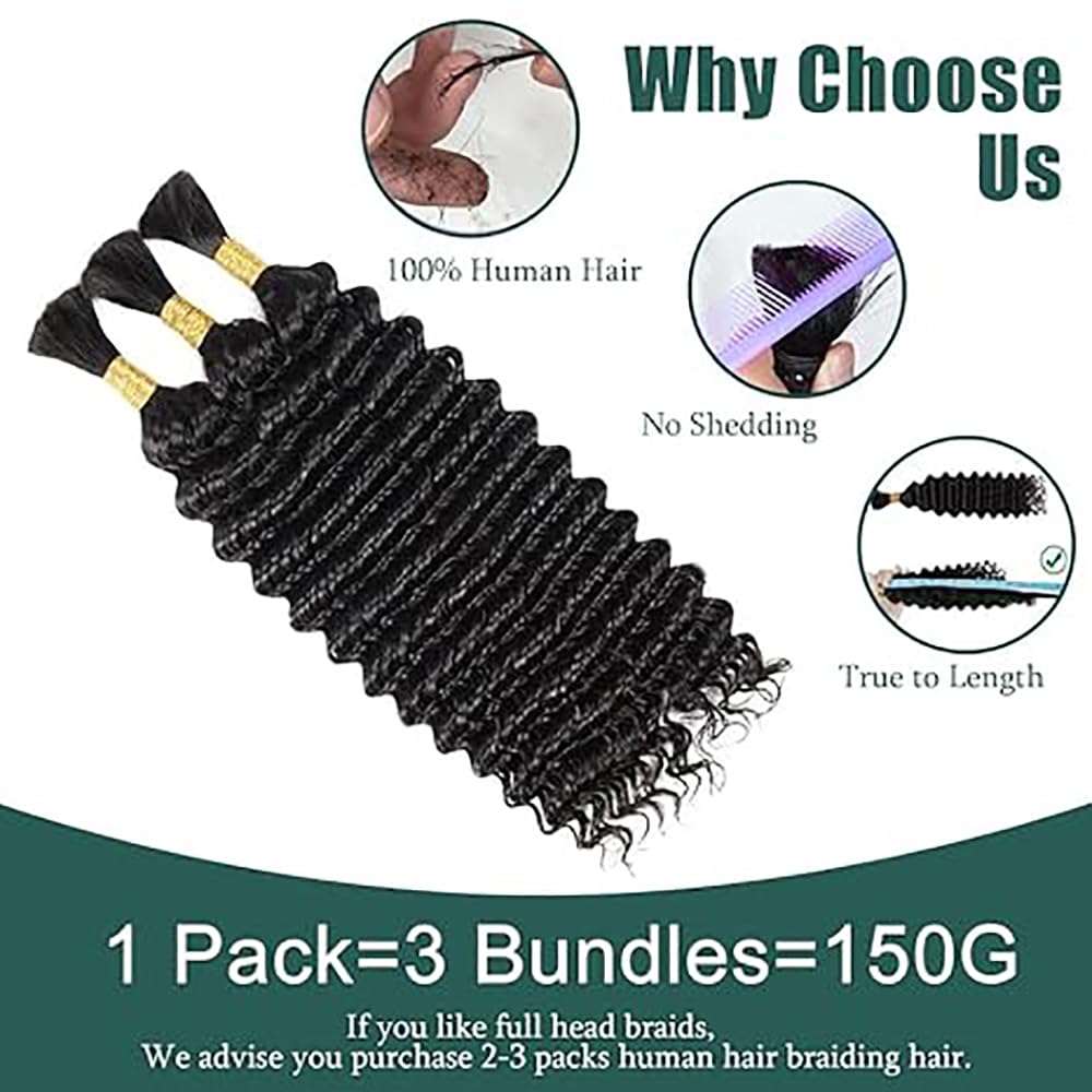 Echthaar Tressen Deep Wave Human Braiding Hair for Boho Braids Natural Black #1B Color Menschliches Haar Human Hair Extensions No Weft Weave 50g/Piece 28 28 28 Zoll