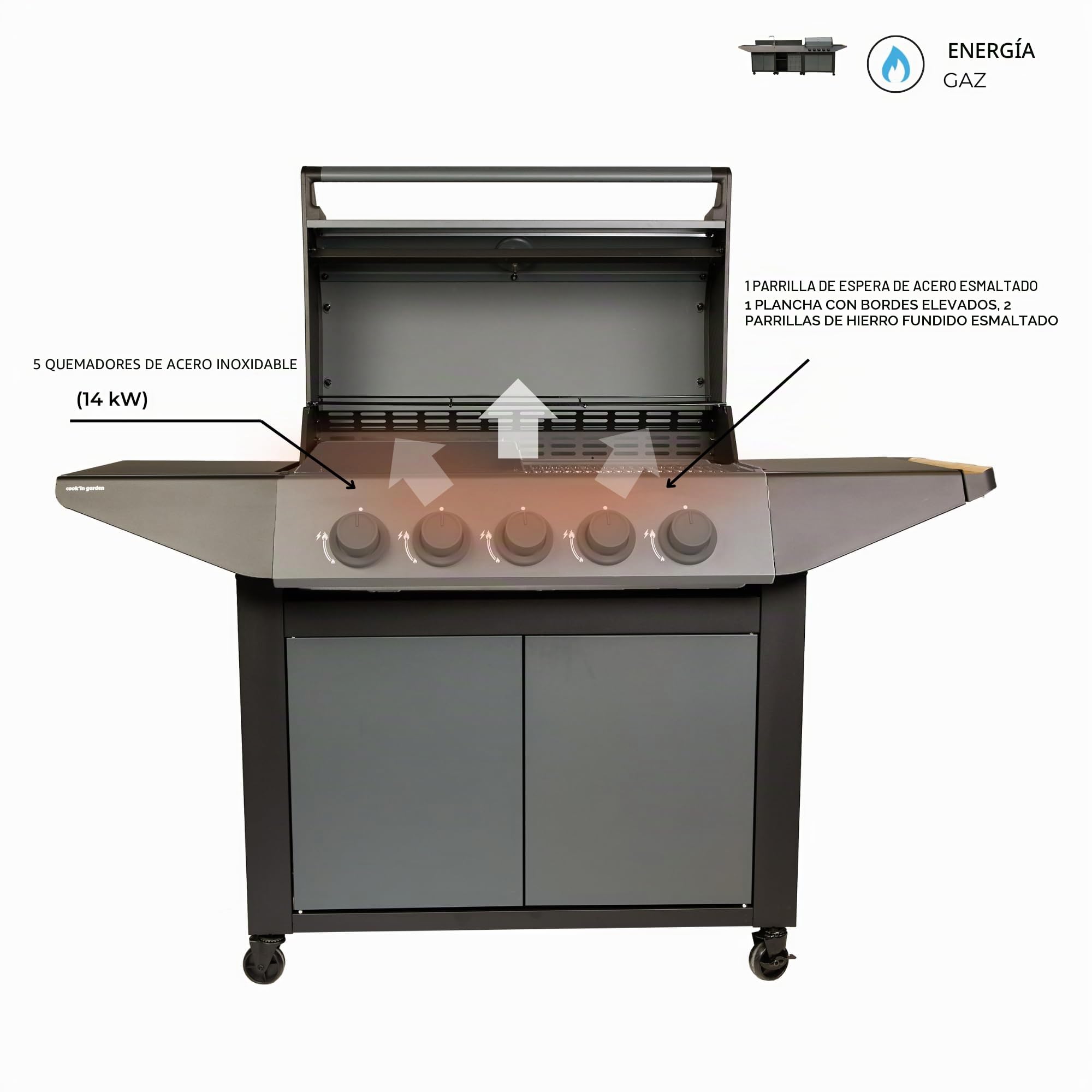 Cook'in Garden - Cocina de Gas para Exterior BURN, Barbacoa con Postre y Fregadero Integrados, 5 Quemadores, Espacio Adicional, Grifo con Salida de Agua, Función de Plancha y Barbacoa