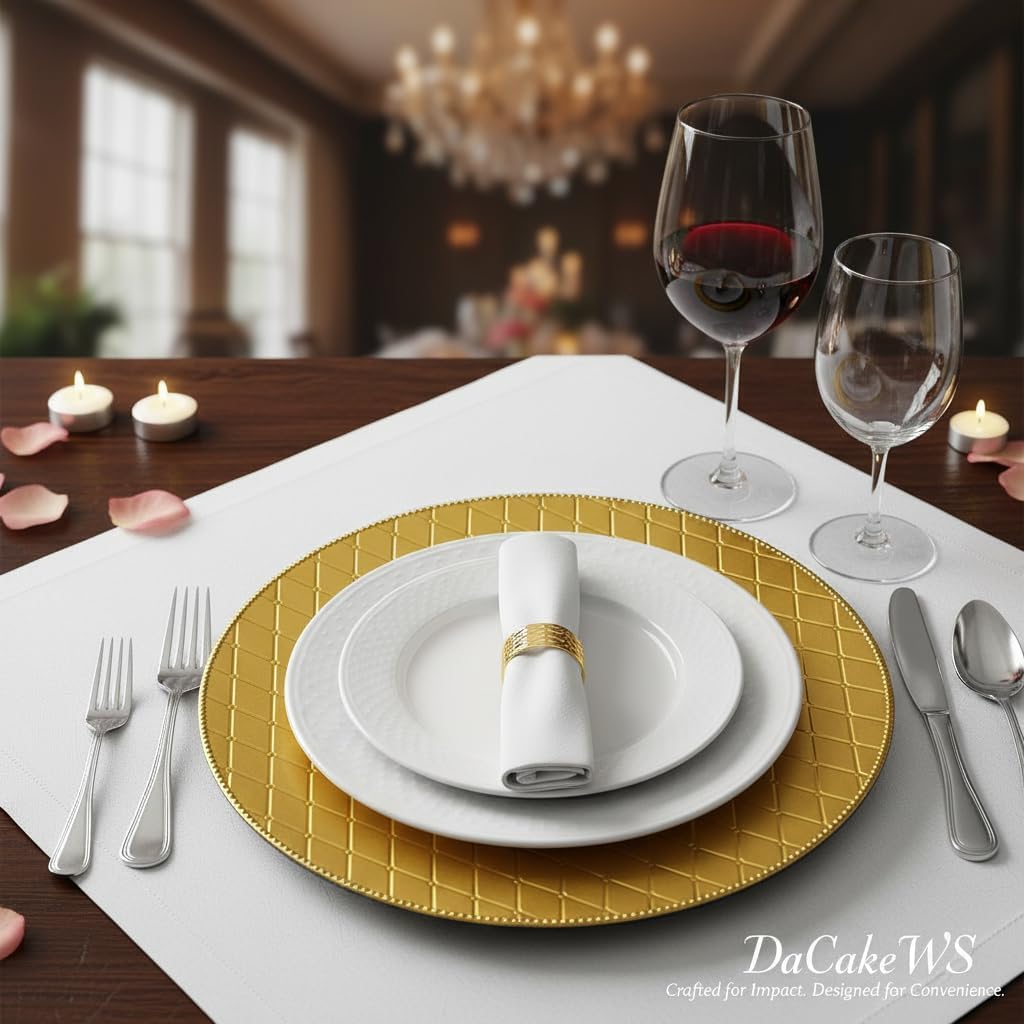 13-Inch Gold Chargers for Dinner Plates - Set of 50 Reusable Plastic Charger Plates, Perfect for Catering, Weddings, Holiday Parties, and Banquets, Decorative Chargers Bulk (50, Gold-BZWG)