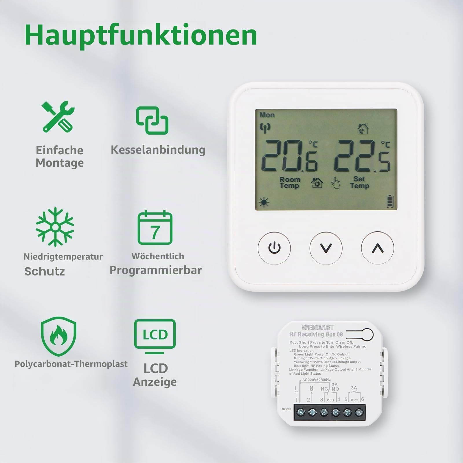 Wengart Wireless Thermostat & Empfänger WG01RF, Programmierbares LCD-Display Arbeiten für Strahlende Fußbodenheizung Link Gaskessel Weiß
