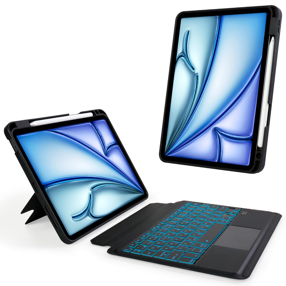 LAMA iPad キーボード Air 11インチ M4/M3/M2 JIS日本語配列 iPad Pro4/3/2/1世代 iPad Air 10.9インチ第5世代/4世代対応 7色バックライトキーボードケース 超高精度トラックパッド角度調整 縦横置き 脱着式 ペン収納 全面保護 省エネ Type-C充電式 ブラック 日本語取扱説明書付き