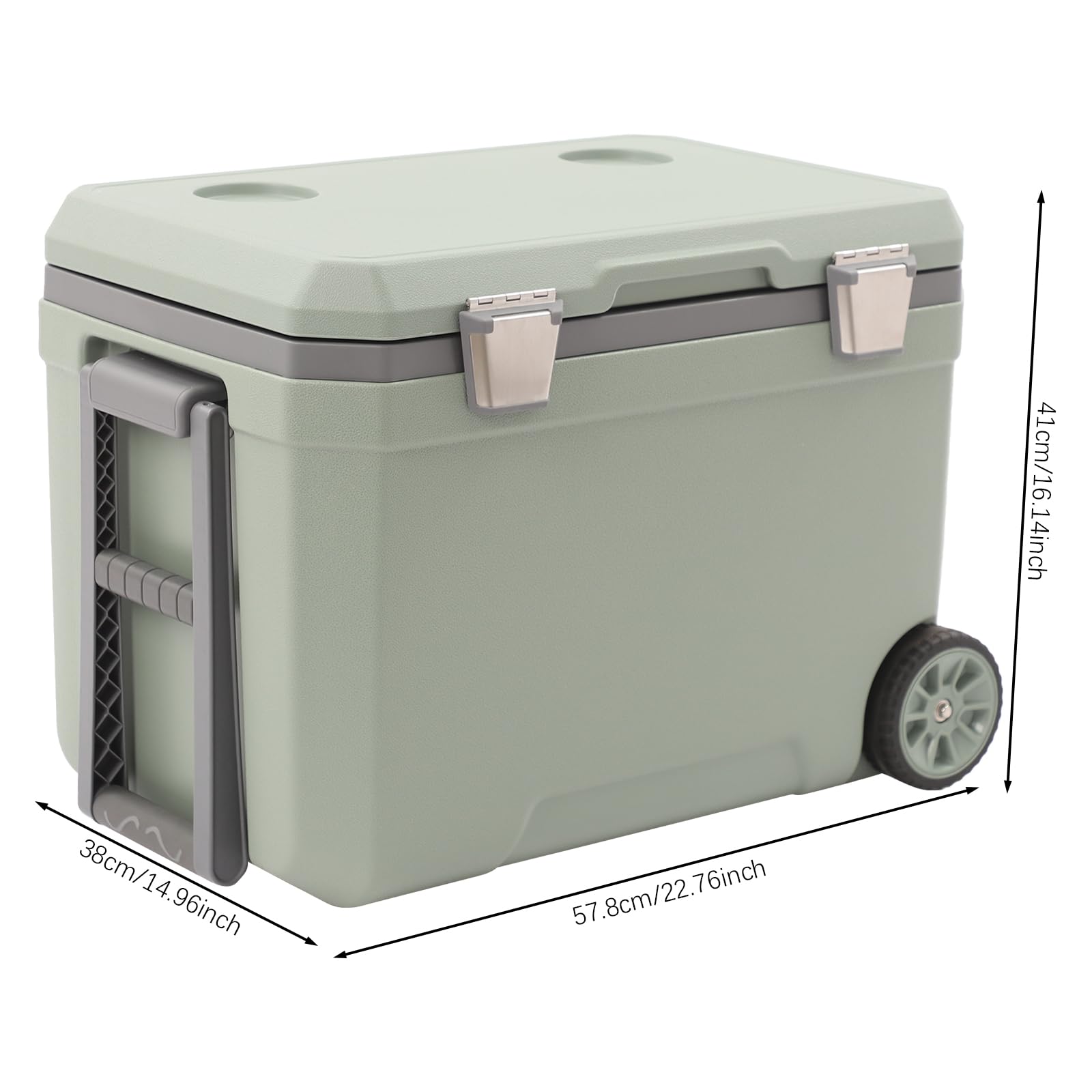 Borsa frigo con ruote, da campeggio, 45 litri, con manico telescopico e 2 ruote, isolamento dal freddo per 24 ore, portabicchieri integrato, per picnic, barbecue, verde