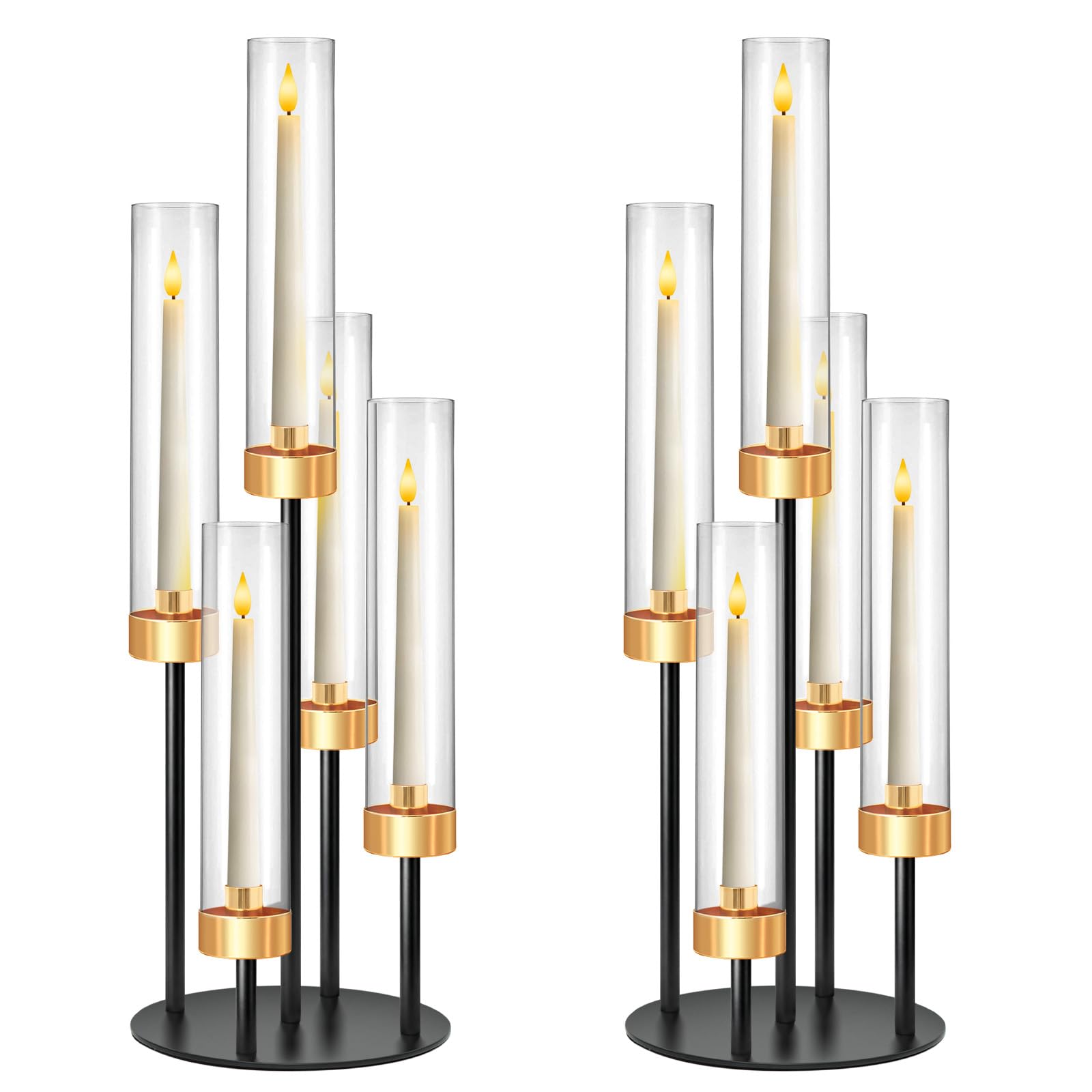 Photo 1 of [Heavily Used] KEHAIL 2 PCS 5-Arm Black+Gold Metal Table Candelabra Centerpiece, 22" Tall Clear Acrylic Candlesticks Holder with Shade for Valentines Day Events Party Table Centerpiece,Fit LED Candles