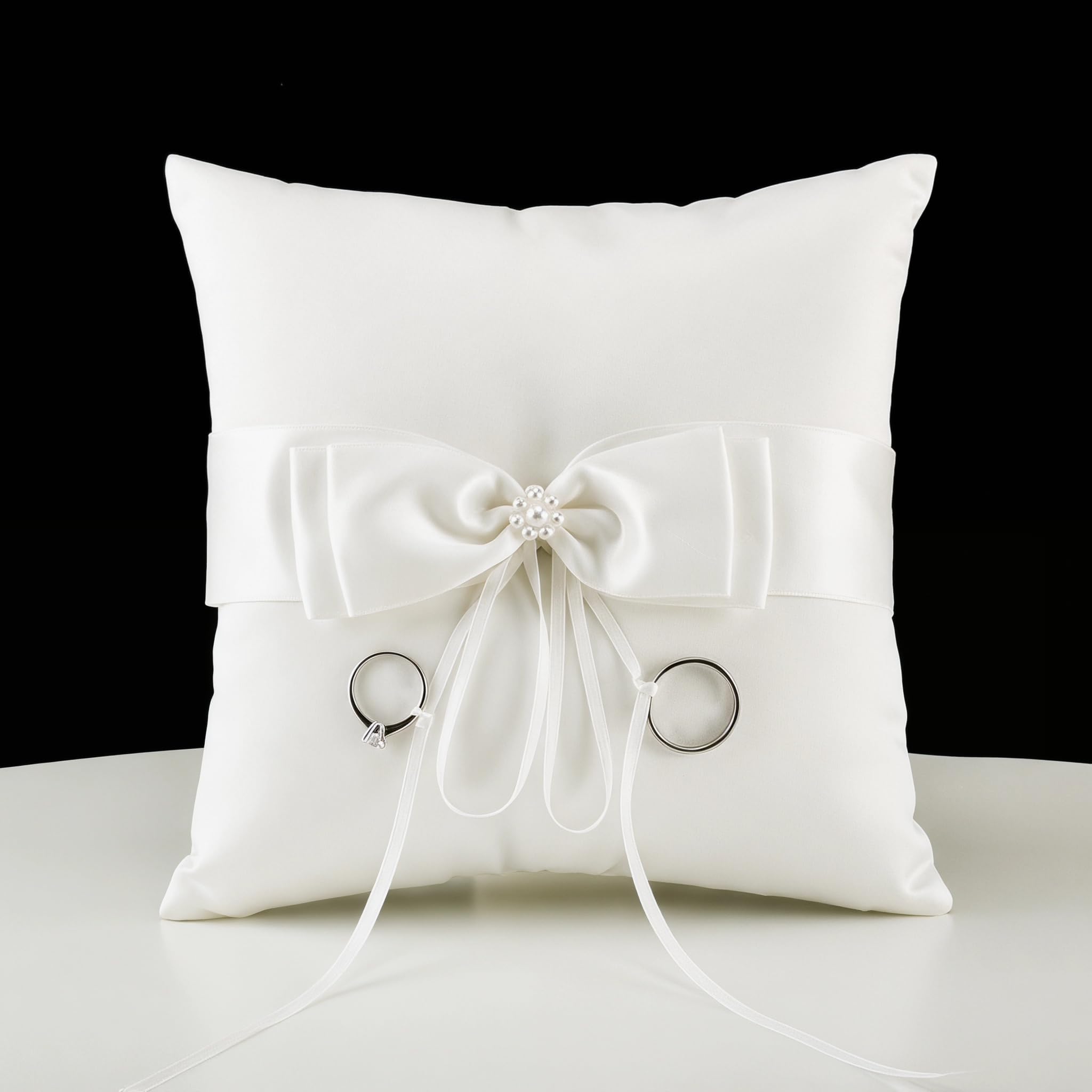 Wedding Ring Bearer Pillow with Satin Bow, Pearl Detail White Ivory