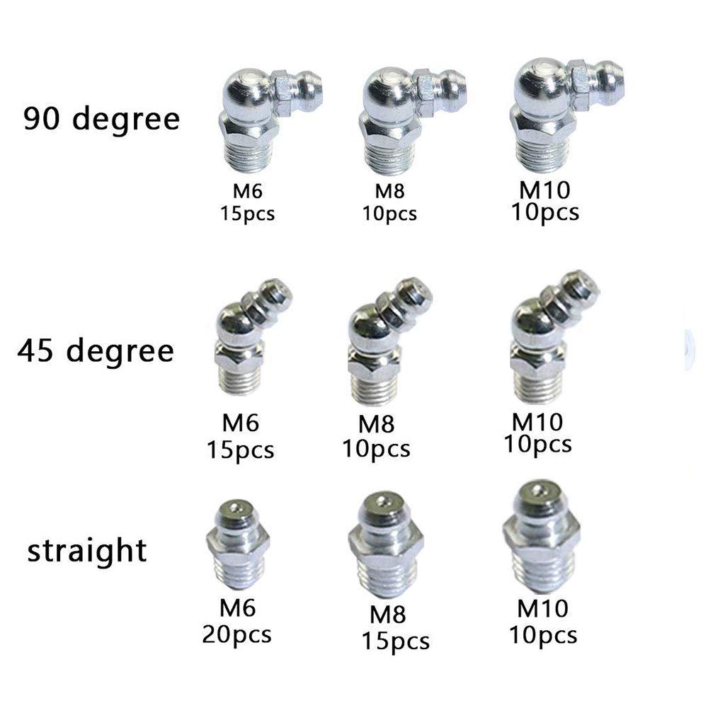 Set Da 115 Raccordi Per Ingrassatore (Zerk) - Diritti, 45° E 90° - Filettature M6, M8, M10 - Con Custodia In Plastica