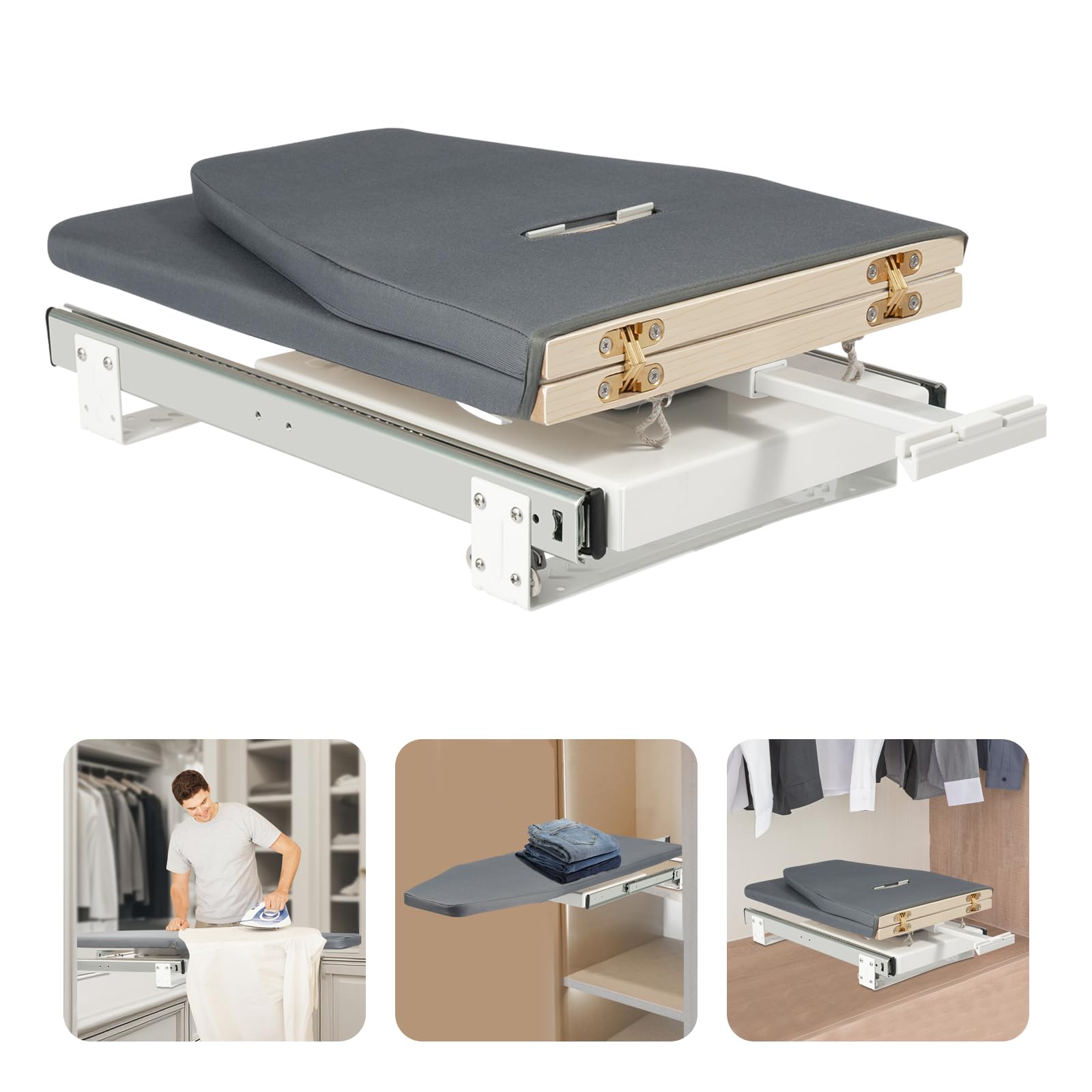 Asse da stiro pieghevole, girevole a 180°, struttura in acciaio rinforzato, portata 45 kg, alluminio e MDF, salvaspazio, per case, appartamenti e cura del bucato, grigio