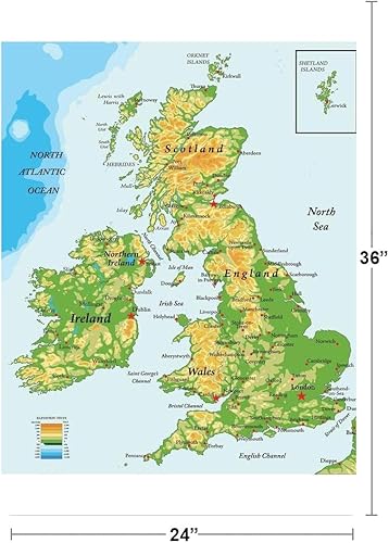 Miniatura 4 de Póster con diseño de mapa del océano atlántico de la ciudad topográfica de Reino Unido, Irlanda, Escocia, 24 x 36 pulgadas