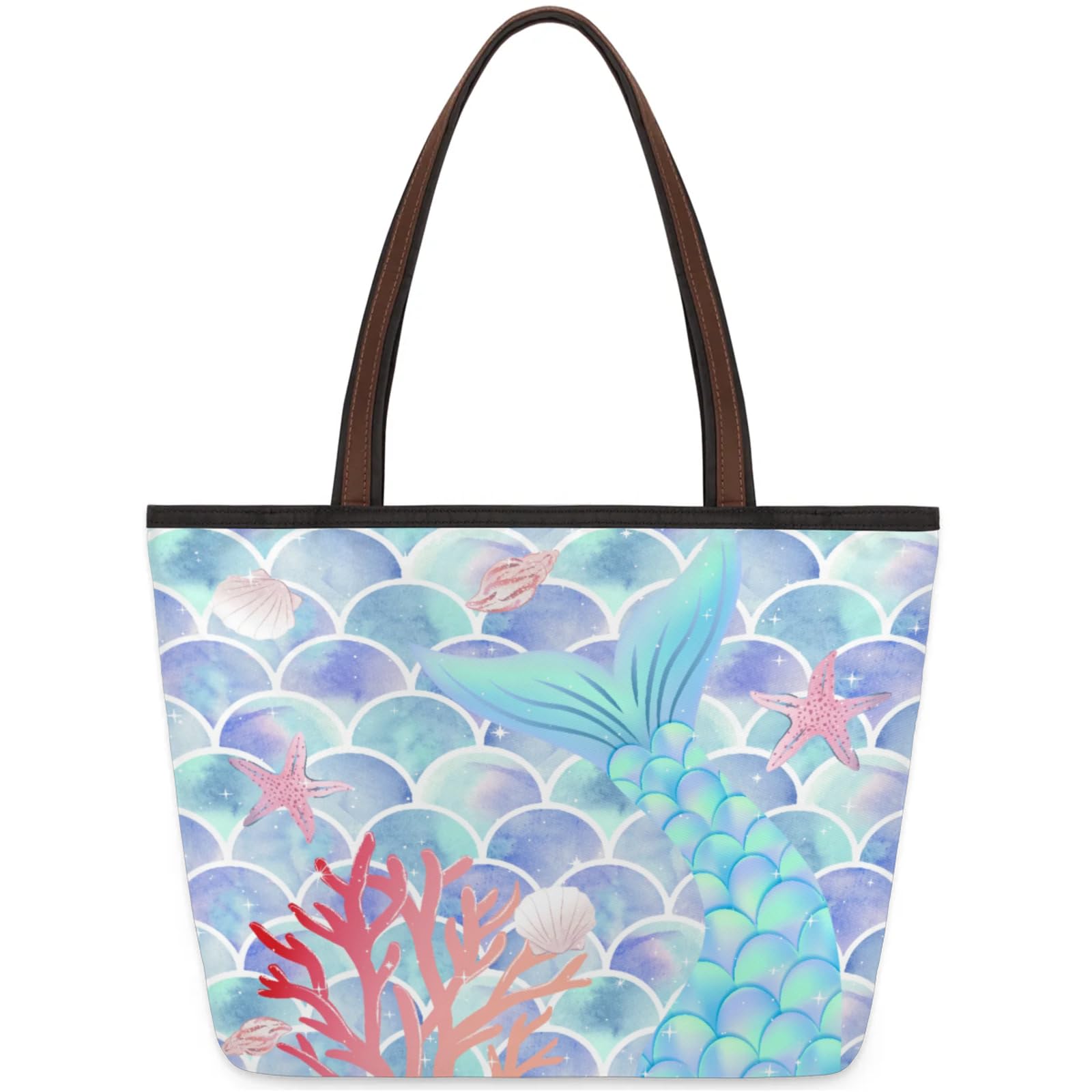 Scale Coral Starfish Tote Bag Multi Pocket Zippered Beach Bag Lightweight Waterproof Handbag for Women Men Work Gym Travel Swimming Yoga Grocery Shopping L