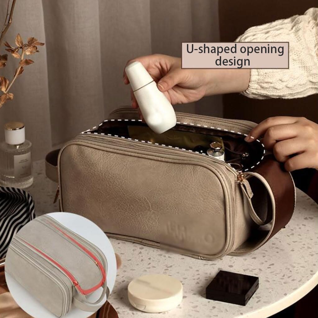 Grote capaciteit dubbele rits toilettas lederen reis make-up tas draagbare opbergtas