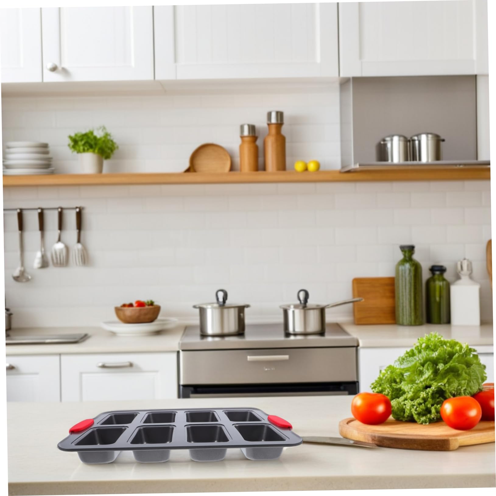 BESTOYARD Molde Rectangular para Bizcocho de Acero Inoxidable, 8 Cavidades, Antiadherente, con Asas Resistentes al Calor, para Hornear en Casa