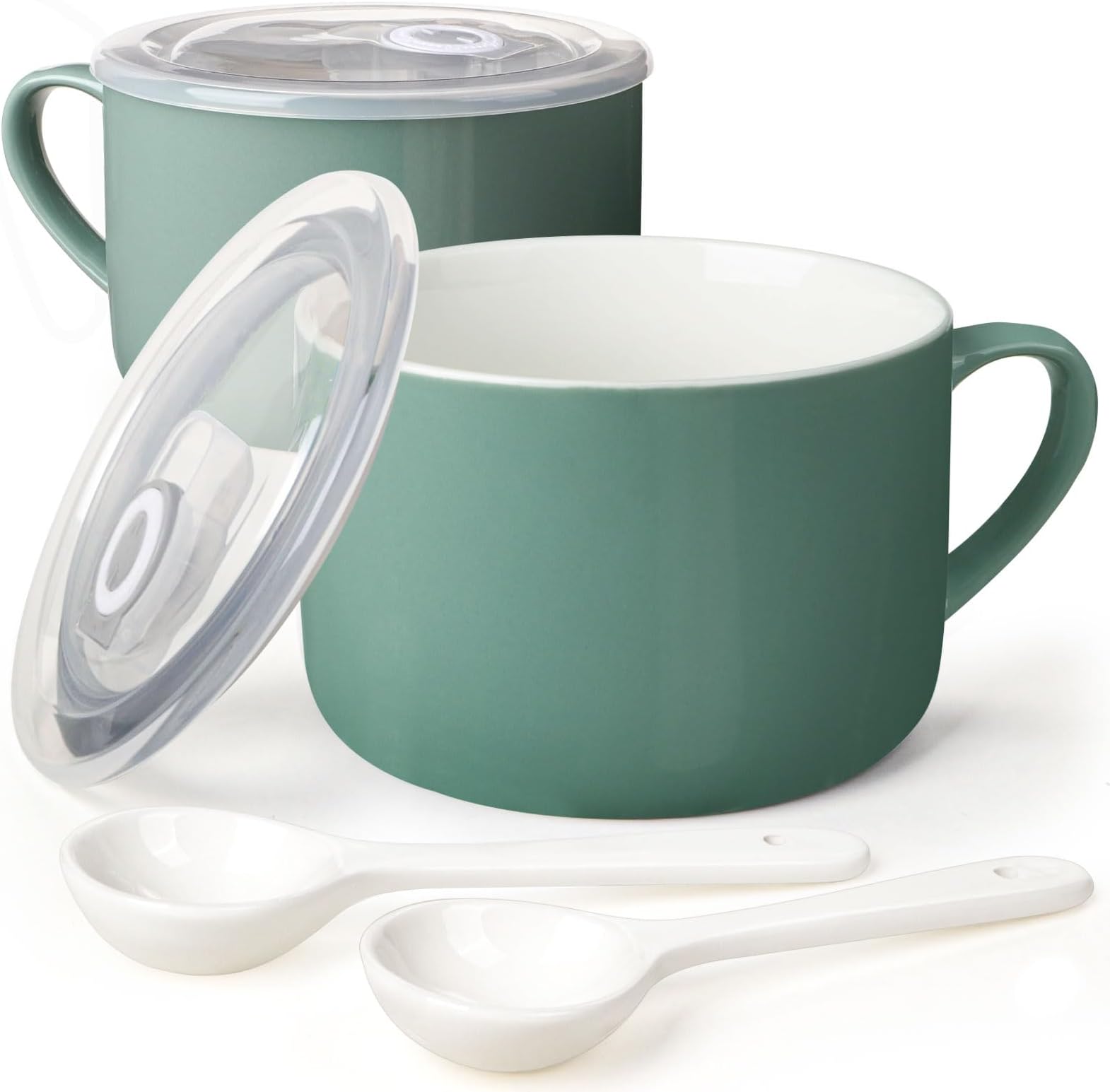 Soup Bowls with Handles & Spoons, 30oz Ceramic Ramen Bowl with Lid, Large Soup Mugs/Cups for Instant Noodle, Big Cereal Bowls for Oatmeal, Soup Containers with Lids, Set of 2, Teal Blue