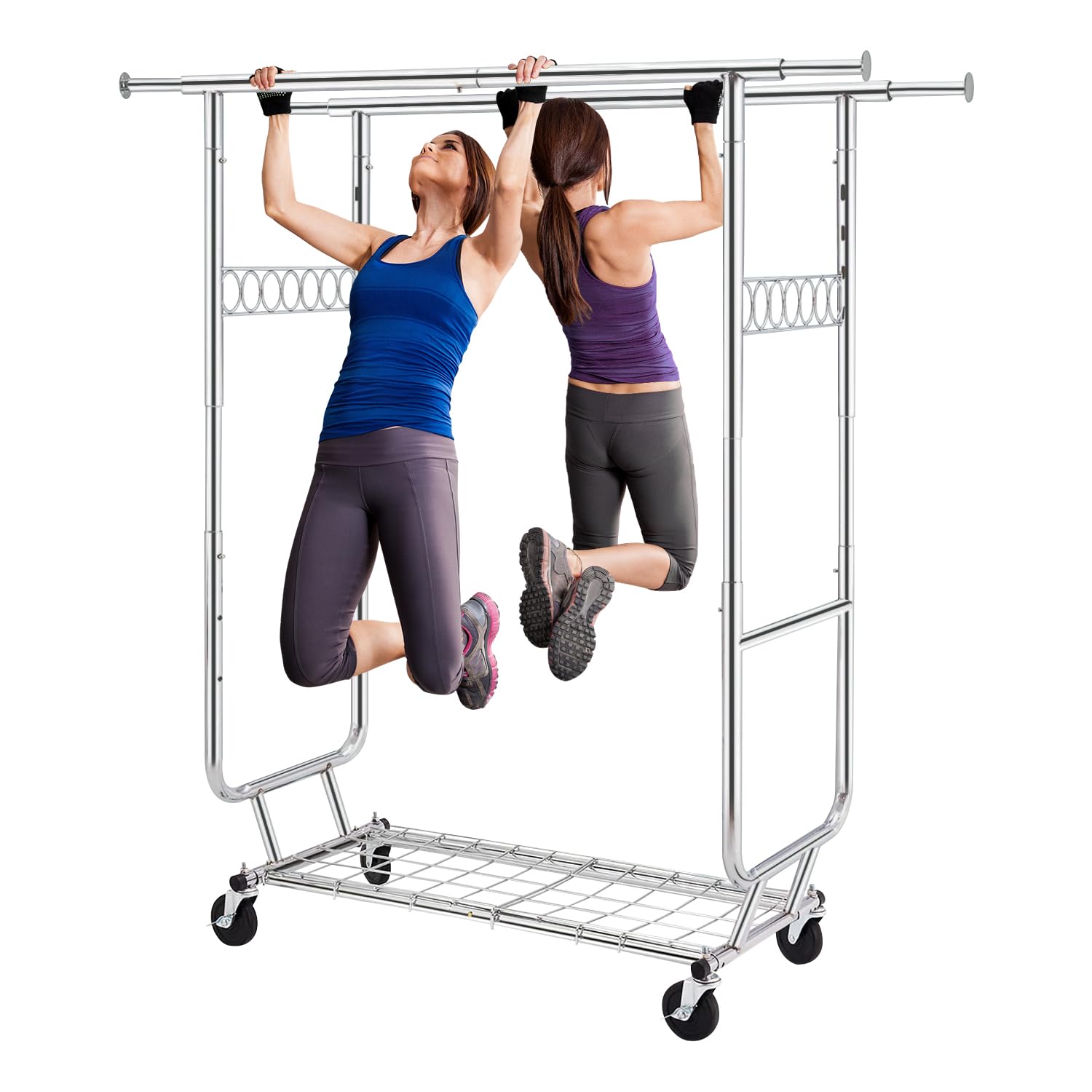 Fyzeg Double Clothing Garment Rack, Heavy Duty Clothing Racks on Wheels Rolling Clothes Rack, Portable Collapsible Commercial Freestanding Closet Wardrobe Chrome