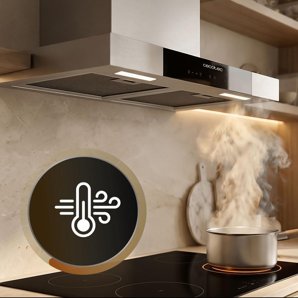 Cecotec Hotte Aspirante en Forme de T 60 cm Bolero Flux TT 609500 Slim Inox A+++. Aspiration 829,5 m³/h, Hand Movement Control et Double Booster, Filtres Lavables, Classe A+++, Heat Sensor