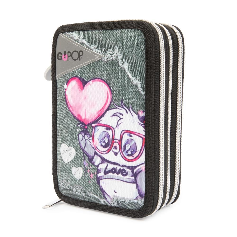 Go Pop - Astuccio Triplo Scuola Panderful Con 3 Zip E 3 Scomparti, Contiene 18 Matite Colorate, 18 Pennarelli e altri Pratici Oggetti per la Scuola,13 l x 19,5 h x 6,5 p