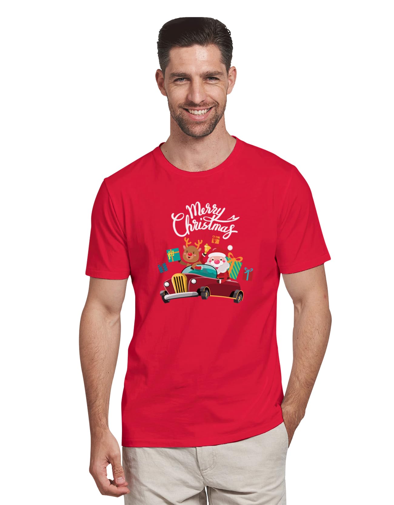 buy that trendz Christmas T-Shirt for Men Reindeer Santa Car Graphic Printed Short Sleeve Round Neck Cotton Red Xmas T-Shirt-picture-42
