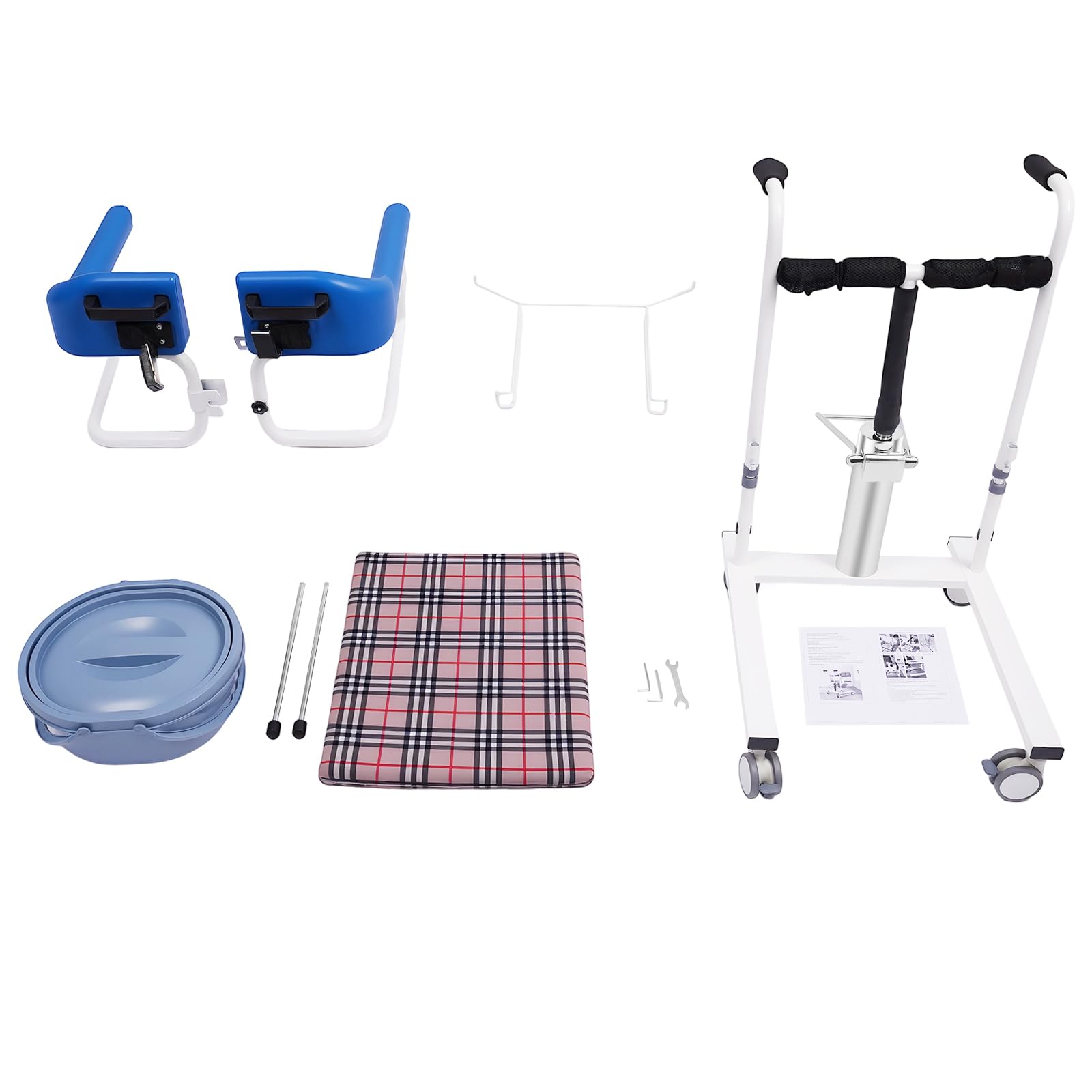 Elevador de pacientes hidráulico, silla de traslado, silla de ducha, asiento de inodoro, apertura de 180°, altura regulable, carga de 90 kg, con orinal, ruedas con frenos, para personas mayores, azul
