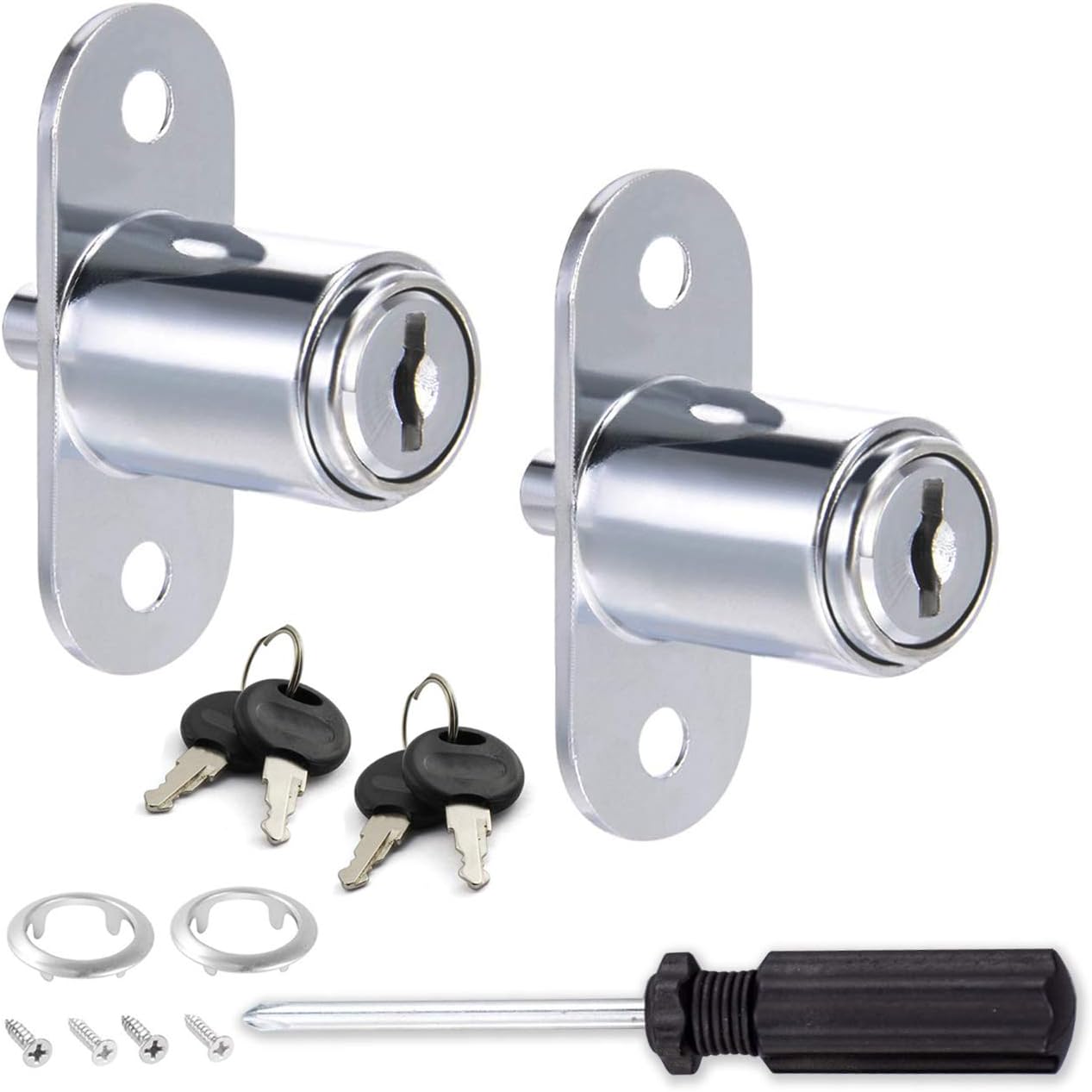 TIHOOD 2PCS Push Plunger Lock with 1pc Slotted Screwdriver, 3/4-inch(19mm) Cylinder Diameter, Zinc Alloy Chrome Finish