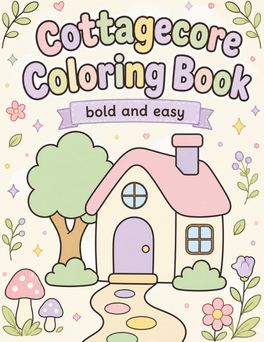 Simple Cute Cottagecore Coloring Book: Bold and Easy Coloring Pages with Cozy Cottages, Mushrooms, Teacups, Animals and Countryside Charm
