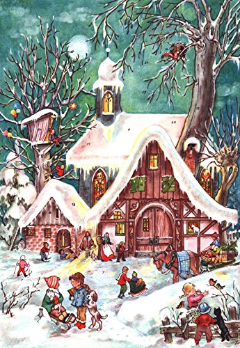 Calendrier de l'Avent 24 portes 297 x 210 mm - Snow Scene Richard Sellmer Verlag RS 785 enfants dans la neige - Translucide avec paillettes et Windows - rs48 - Design Antique Allemand traditionnel Cover