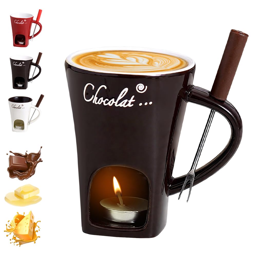 Chocolate Fondue Mug with Forks, Chocolate Melting Cup, Ceramic Butter Warmers Pot Set, Personal Cheese Melting Cup, Fondue Heated with a Tealight, Warmer Mug for Candy Snack Caramel Party (Coffee)